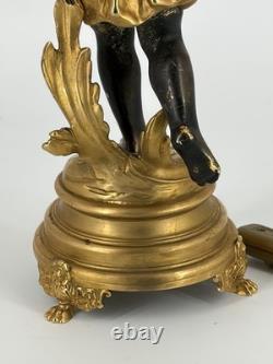 Ancienne Lampe Putto Régule Patiné Noir & Doré Napoléon III XIXe Ré électrifiée