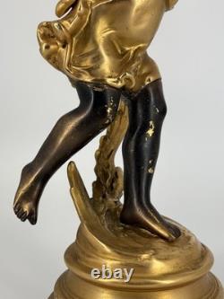 Ancienne Lampe Putto Régule Patiné Noir & Doré Napoléon III XIXe Ré électrifiée