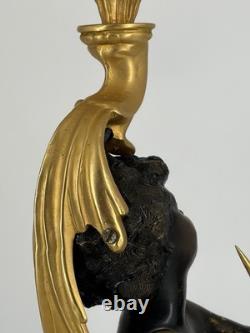 Ancienne Lampe Putto Régule Patiné Noir & Doré Napoléon III XIXe Ré électrifiée