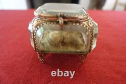 Ancienne boite coffret à bijoux Capitonné en verre biseauté XIXe Napoléon III