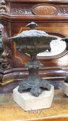 Ancienne paire de cassolettes napoleon III en regule sur marbre epoque XIXe