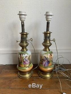 Ancienne paire de lampe a Pétrole napoleon III XIXe Porcelaine De Paris
