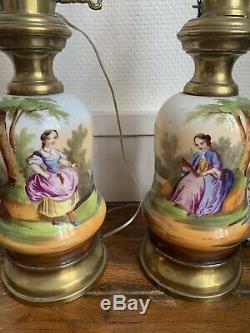 Ancienne paire de lampe a Pétrole napoleon III XIXe Porcelaine De Paris