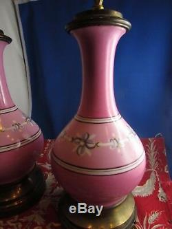 Ancienne paire de lampe en porcelaine epoque napoleon III XIXe rose & laiton