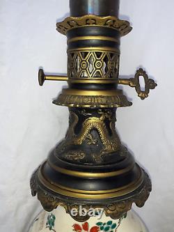Ancienne paire de lampes à huile pétrole en bronze & céramique XIX Napoléon III