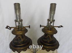 Ancienne paire de lampes à huile pétrole en bronze & céramique XIX Napoléon III