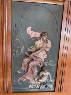 Ancienne plaque porcelaine biscuit polychrome bas relief fin XIXe tableau putti