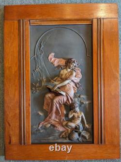 Ancienne plaque porcelaine biscuit polychrome bas relief fin XIXe tableau putti