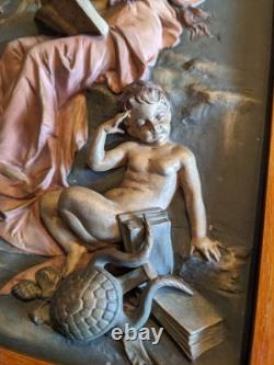 Ancienne plaque porcelaine biscuit polychrome bas relief fin XIXe tableau putti
