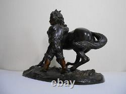 Ancienne statue équestre enfant et cheval poulain regule patine bronze XIX éme