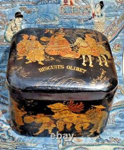 BOITE ANCIENNE Décor japonisant BISCUITS OLIBET XIXe, BOIS LAQUÉ NAPOLÉON III
