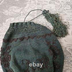 BOURSE SAC XIXè Broderie Perles D'Acier Monogramme AM Réticule Napoléon III