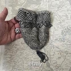 BOURSE SAC XIXè Broderie Perles De Verre Intérieur Peau Réticule Napoléon III