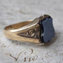Bague Chevalière Plaqué Or Ecusson en Agate Napoléon III Bijou Ancien XIXè