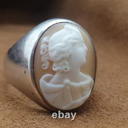 Bague chevalière Argent serti Camée coquille Profil féminin XIXe Napoéon III