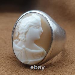 Bague chevalière Argent serti Camée coquille Profil féminin XIXe Napoéon III