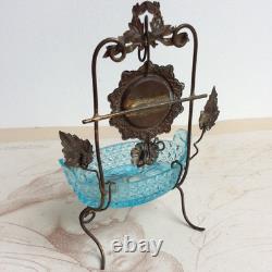 Baguier Vide Poche Porte Montre Laiton et Verre Bleu Napoléon III XIXè