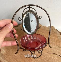 Baguier Vide Poche Porte Montre Miroir Laiton et Verre Muguet III XIXè