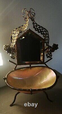 Baguier ancien nacre et Laiton avec miroir biseauté fin XIXÈ Napoléon III