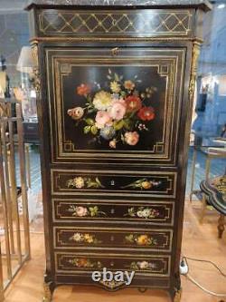 Beau secrétaire ancien en bois noircie & décor florale peint, XIXe, Napoléon III