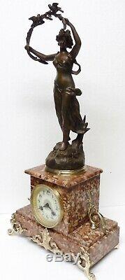 Belle PENDULE Napoléon III XIXè marbre bronze statue régule femme oiseaux clock