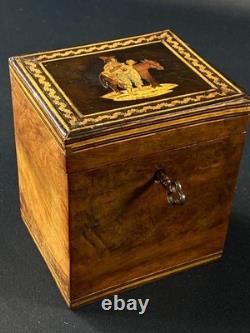 Boite à thé XIXe coffret noyer massif décor marqueté au jeune marchand d'oranges