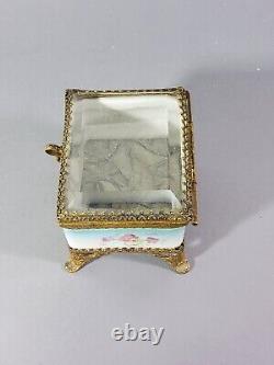 Boite coffret bijoux ancien porcelaine & verre biseauté XIXè Napoléon 3 rare