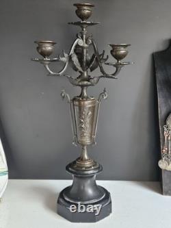 Bougeoir Chandelier XIX Napoleon III bronze Marbre Noir Pied Douche Candelabre