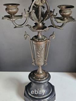 Bougeoir Chandelier XIX Napoleon III bronze Marbre Noir Pied Douche Candelabre