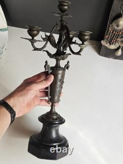 Bougeoir Chandelier XIX Napoleon III bronze Marbre Noir Pied Douche Candelabre
