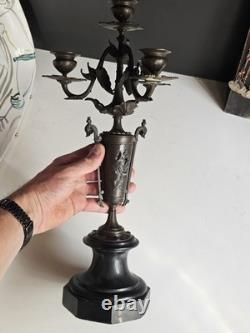 Bougeoir Chandelier XIX Napoleon III bronze Marbre Noir Pied Douche Candelabre