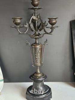 Bougeoir Chandelier XIX Napoleon III bronze Marbre Noir Pied Douche Candelabre