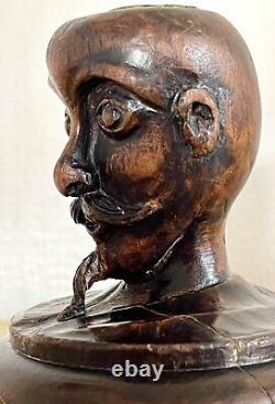 Bougeoir en bois sculpté ancien homme tête art populaire XIX sculpture curiosité