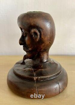 Bougeoir en bois sculpté ancien homme tête art populaire XIX statue curiosité