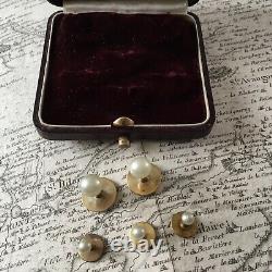 Boutons De Col avec Perles Culture avec Ecrin en Cuir XIXè Victorian Buttons 19C