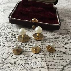 Boutons De Col avec Perles Culture avec Ecrin en Cuir XIXè Victorian Buttons 19C