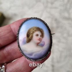 Broche Ange Ancienne Napoléon III Porcelaine Peinte Marcassites Milieu XIXè