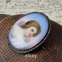 Broche Ange Ancienne Napoléon III Porcelaine Peinte Marcassites Milieu XIXè