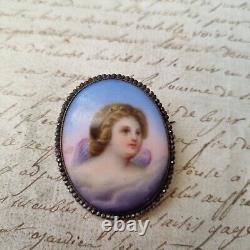 Broche Ange Ancienne Napoléon III Porcelaine Peinte Marcassites Milieu XIXè