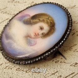 Broche Ange Ancienne Napoléon III Porcelaine Peinte Marcassites Milieu XIXè