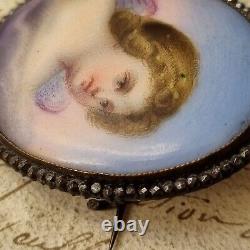 Broche Ange Ancienne Napoléon III Porcelaine Peinte Marcassites Milieu XIXè