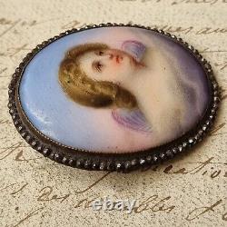 Broche Ange Ancienne Napoléon III Porcelaine Peinte Marcassites Milieu XIXè