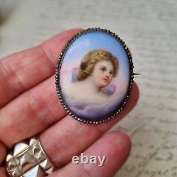 Broche Ange Ancienne Napoléon III Porcelaine Peinte Marcassites Milieu XIXè