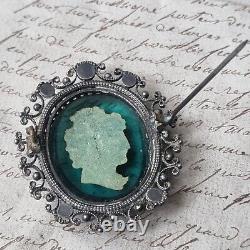 Broche CRISTALLO CÉRAME Napoléon III Profil Vert XIXè Victorian SULFURE Rare