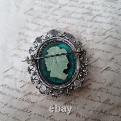 Broche CRISTALLO CÉRAME Napoléon III Profil Vert XIXè Victorian SULFURE Rare