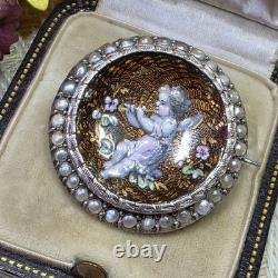 Broche De Col Xixe Napoléon Iii Émail Guilloché Vermeil Perles Fines Angelot