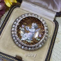 Broche De Col Xixe Napoléon Iii Émail Guilloché Vermeil Perles Fines Angelot