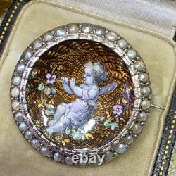 Broche De Col Xixe Napoléon Iii Émail Guilloché Vermeil Perles Fines Angelot