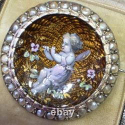 Broche De Col Xixe Napoléon Iii Émail Guilloché Vermeil Perles Fines Angelot