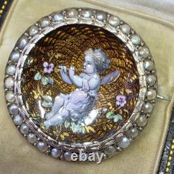 Broche De Col Xixe Napoléon Iii Émail Guilloché Vermeil Perles Fines Angelot